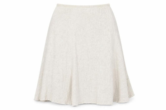 Front view of Preworn women’s beige a-line skirt, size UK 30, in