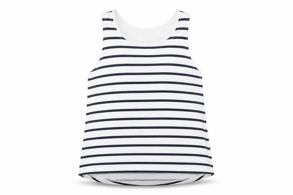 Front view of H&M girls’ blue striped basic tank, size 7-8, years