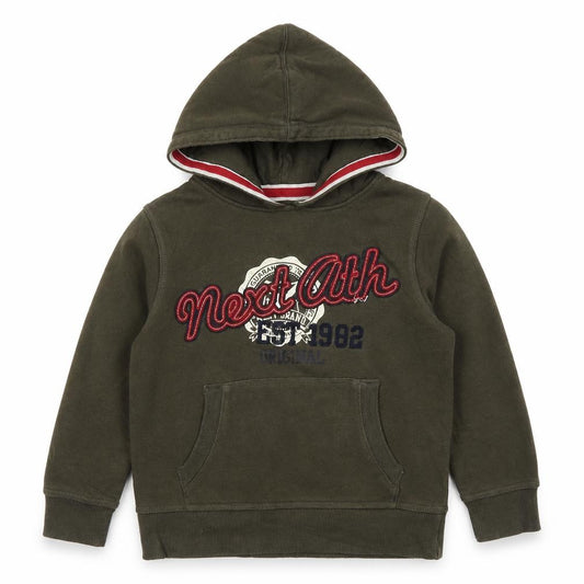 Front view of Next boys’ green pullover hoodie, size 5, years