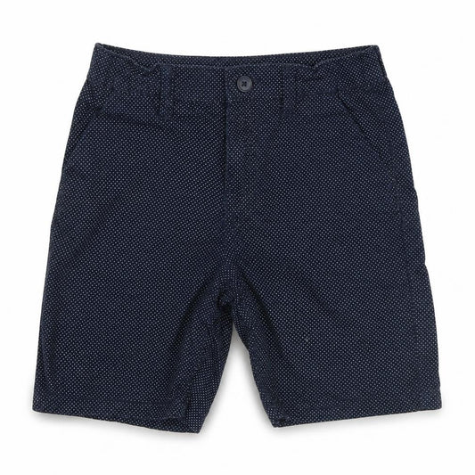 Front view of little kids boys’ black polka dot cargo shorts, size 5-6, years