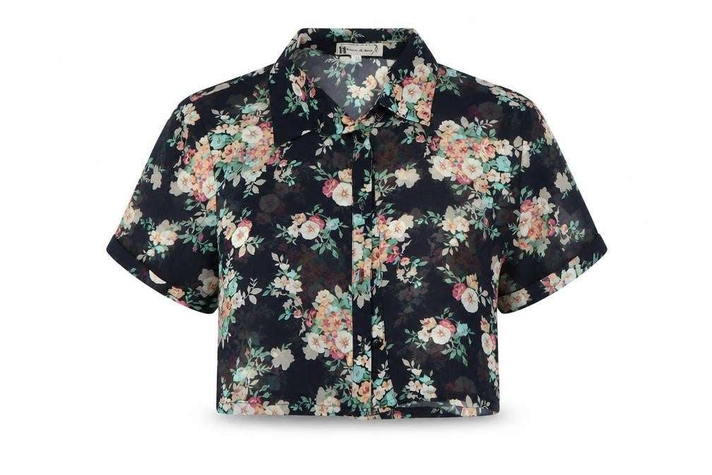 Front view of heart & bows women’s blue floral cropped button-up, size UK 10
