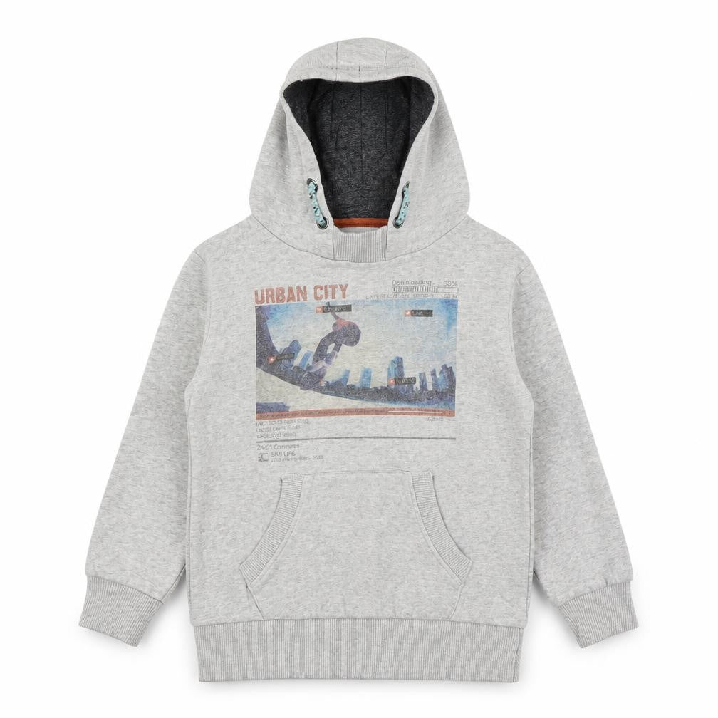 Front view of Preworn boys’ grey pullover hoodie, size 7, years