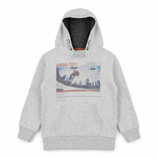Front view of Preworn boys’ grey pullover hoodie, size 7, years