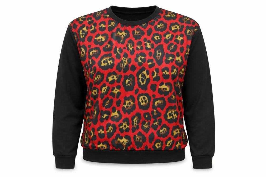 Front view of Primark women’s red animal print blended fabric pullover sweatshirt, size UK 10