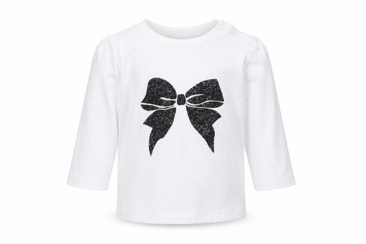 Front view of MINI MEL girls’ white basic t-shirt, size 3-6, months