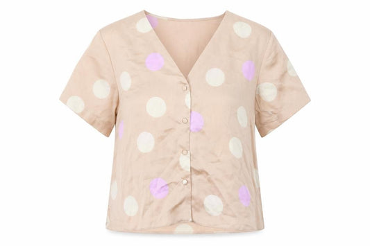 Front view of ASOS women’s orange polka dot basic button-up, size UK 10