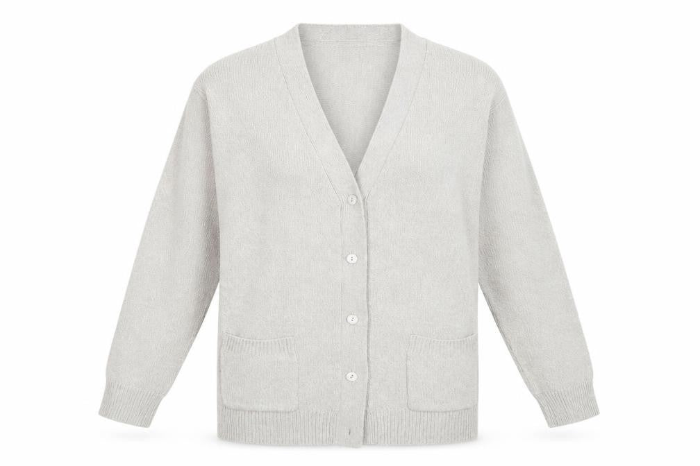 Front view of Damart women’s grey cardigan jumper, size UK 14