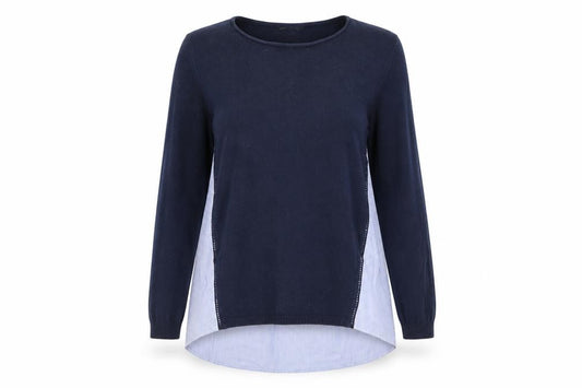 Front view of Warehouse women’s blue striped knit jumper, size UK 12