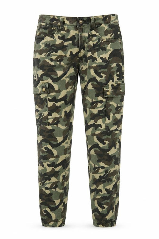 Front view of Monday girls’ green camouflage tapered jeans, size XL