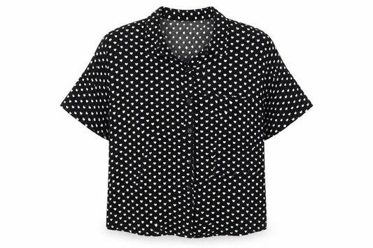 Front view of love notes women’s black polka dot basic button-up, size S