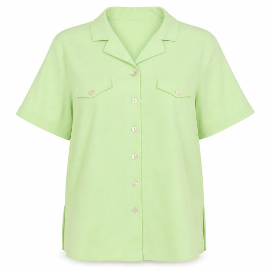 Front view of Design Essentials women’s green basic button-up, size UK 14