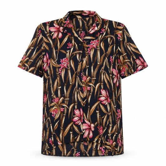 Front view of Bonmarché women’s blue floral basic button-up, size UK 12