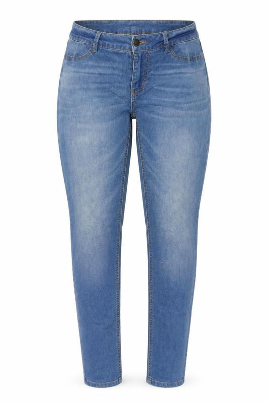 Front view of women’s blue jegging jeans, size UK 30, in, 33-inch leg