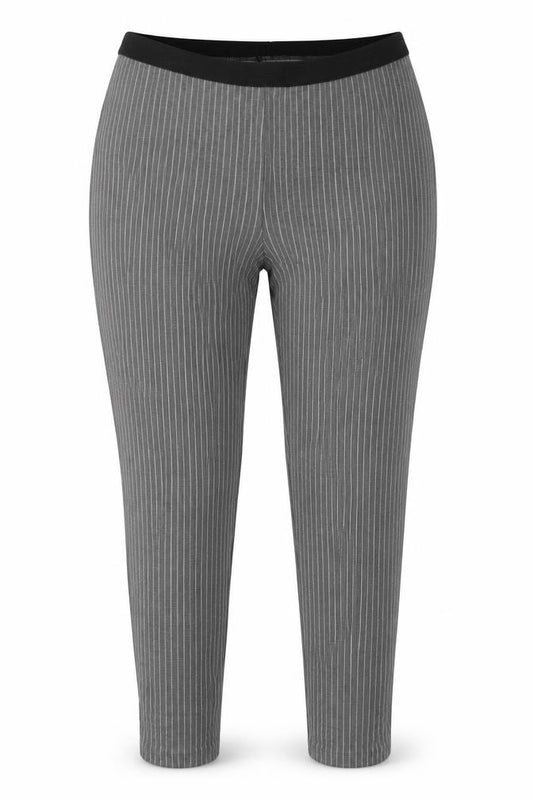 Front view of Preworn women’s grey striped leggings, size UK 36, in, 27-inch leg