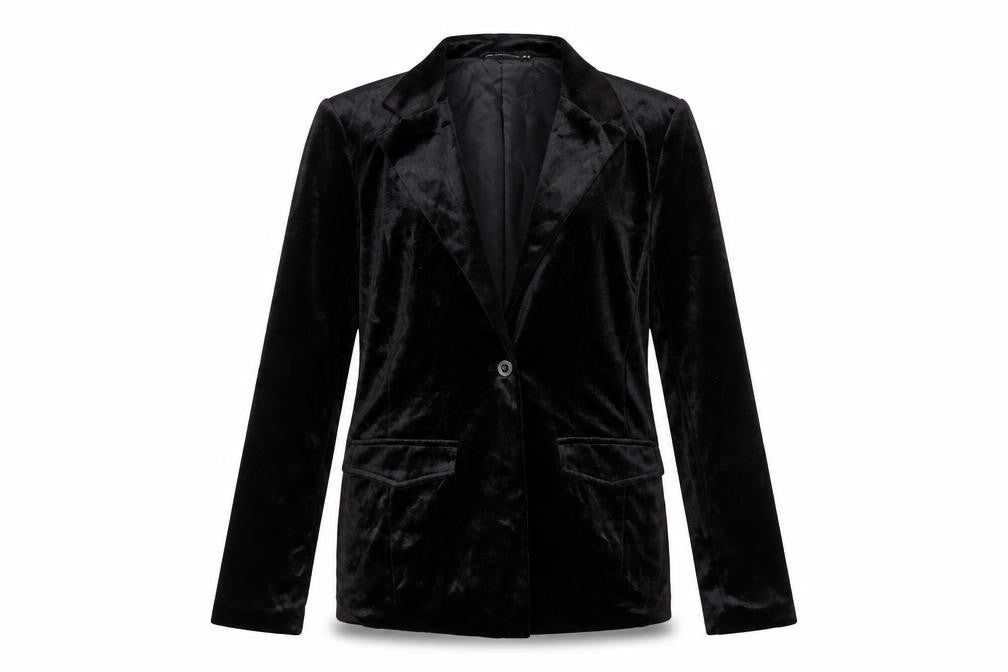 Front view of PRETTYLITTLETHING women’s black velour jacket, size UK 8