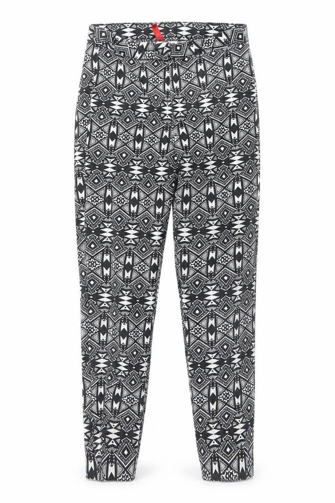 Front view of H&M women’s black geometric trousers, size UK 34, 28-inch leg