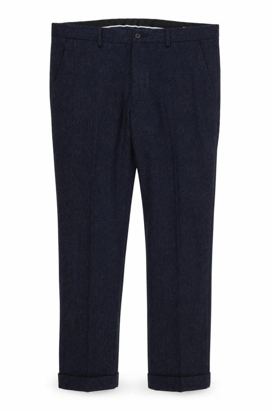 Front view of Matalan men’s blue trousers, size 34, in, 29-inch leg