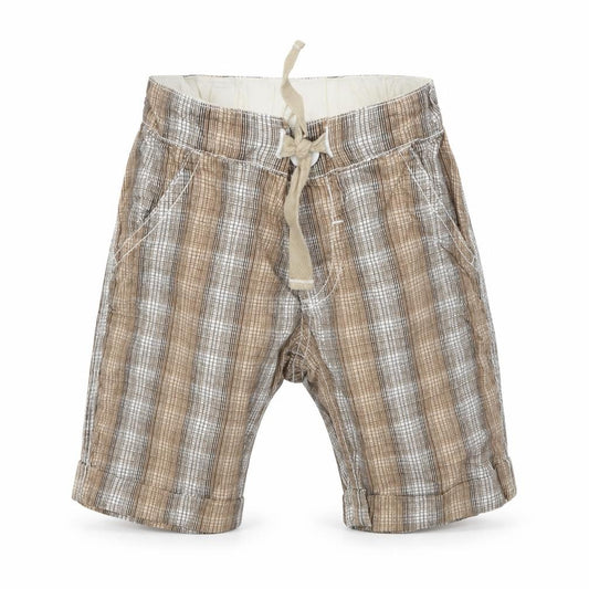 Front view of Mini Club boys’ brown check cropped trousers, size 9-12, months