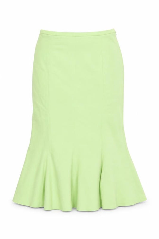 Front view of Preworn women’s green trumpet skirt, size UK 34, in