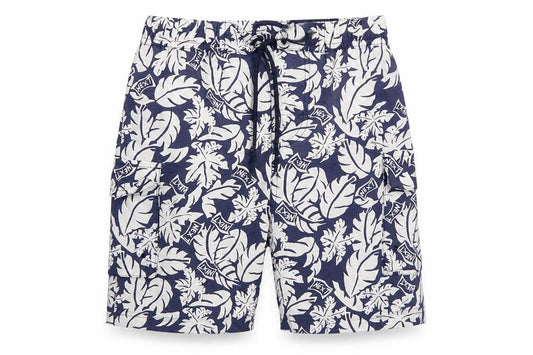 Front view of Next girls’ blue floral paperbag shorts, size 5-6, years - palm leaves