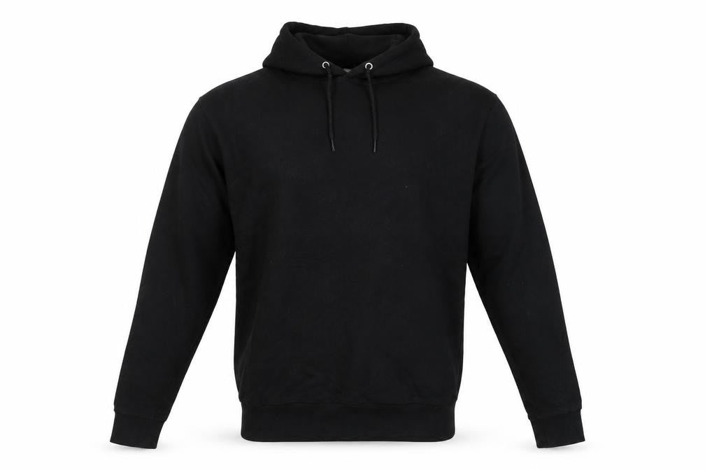 Front view of ASOS men’s black pullover hoodie, size S