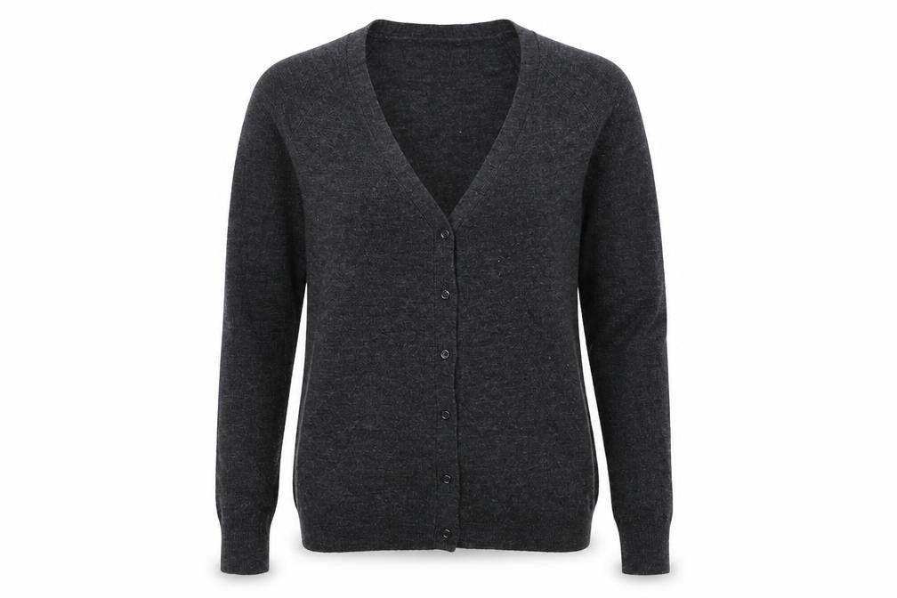 Front view of Atmosphere women’s grey knit cardigan jumper, size UK 6