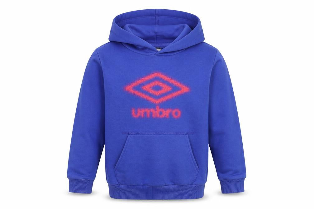 Front view of Umbro boys’ blue pullover hoodie, size S