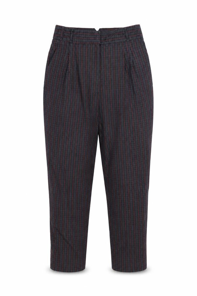 Front view of River Island women’s blue check capri trousers, size UK 8, 26-inch leg