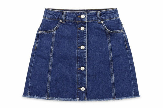 Front view of Topshop women’s blue a-line skirt, size UK 8