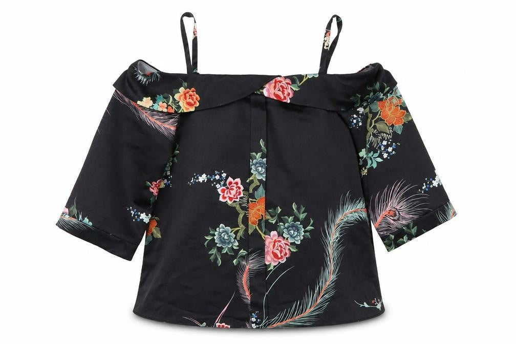 Front view of River Island women’s black floral basic blouse, size UK 8
