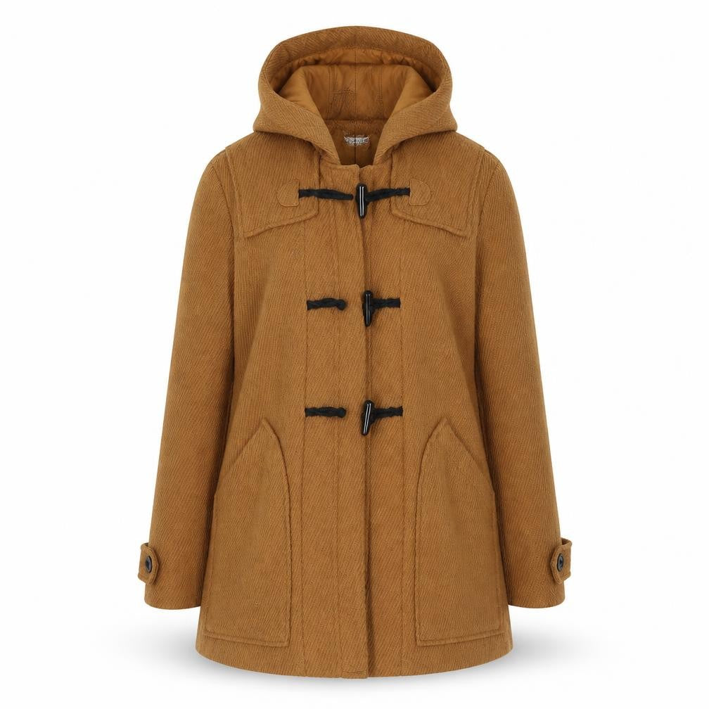 Front view of Preworn women’s beige overcoat coat, size M