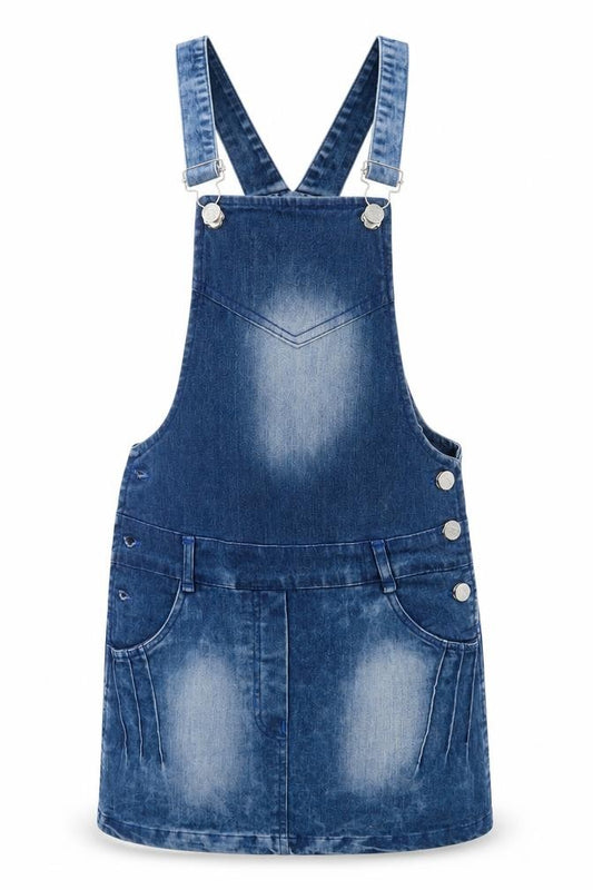 Front view of women’s blue denim pinafore/dungaree dress, size UK 6