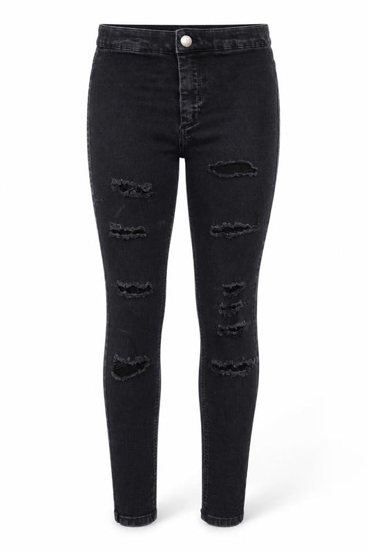 Front view of Topshop women’s grey denim skinny jeans, size UK 23, in, 28-inch leg