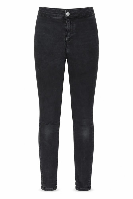 Front view of Miss Selfridge women’s black denim skinny jeans, size UK 8, 28-inch leg