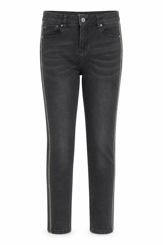 Front view of Toxik3 women’s grey striped denim skinny jeans, size UK 10, 29-inch leg