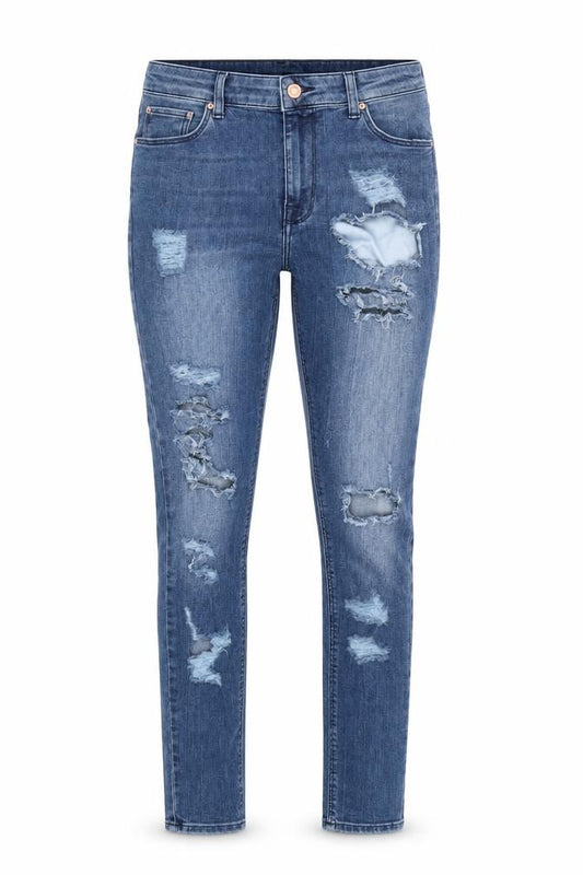 Front view of women’s blue skinny jeans, size UK 32, 29-inch leg