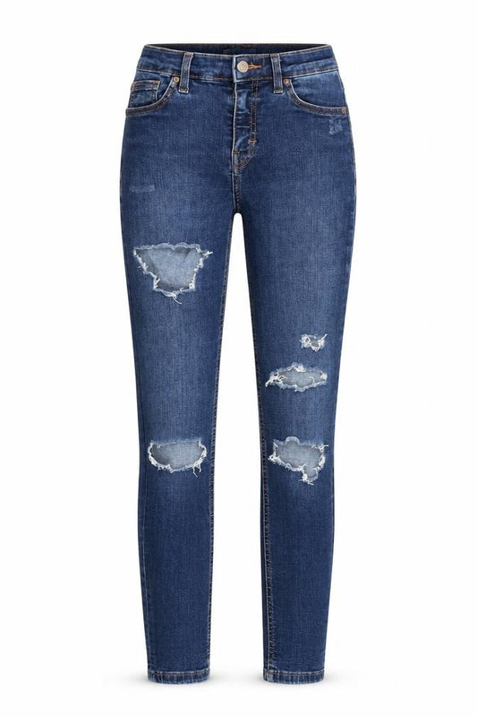 Front view of Topshop women’s blue skinny jeans, size UK 25, 27-inch leg