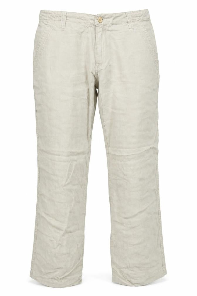 Front view of H&M women’s beige trousers, size UK 34, in, 32-inch leg