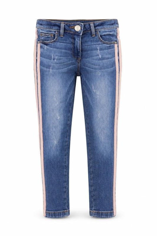 Front view of Next girls’ blue denim skinny jeans, size 9, years - stripe on leg