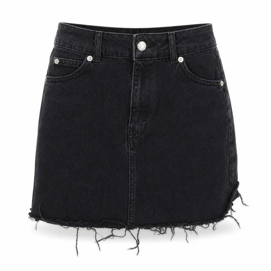 Front view of Topshop women’s black denim mini skirt, size UK 6