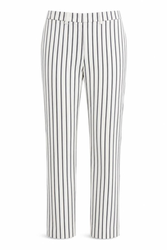 Front view of H&M women’s white striped trousers, size UK 6, 27-inch leg