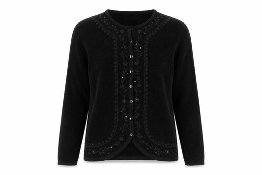 Front view of Reflect Collection men’s black cardigan jumper, size S