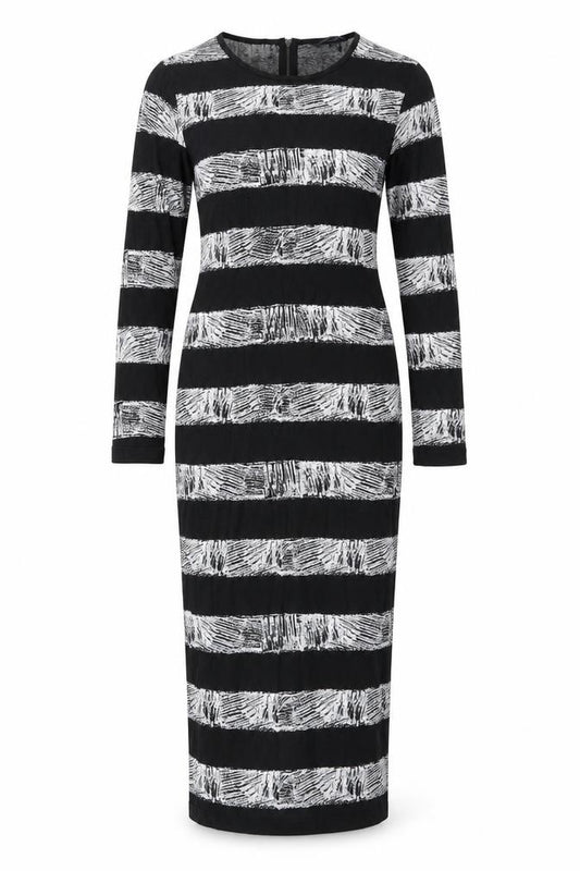 Front view of French Connection women’s black striped bodycon, size UK 10