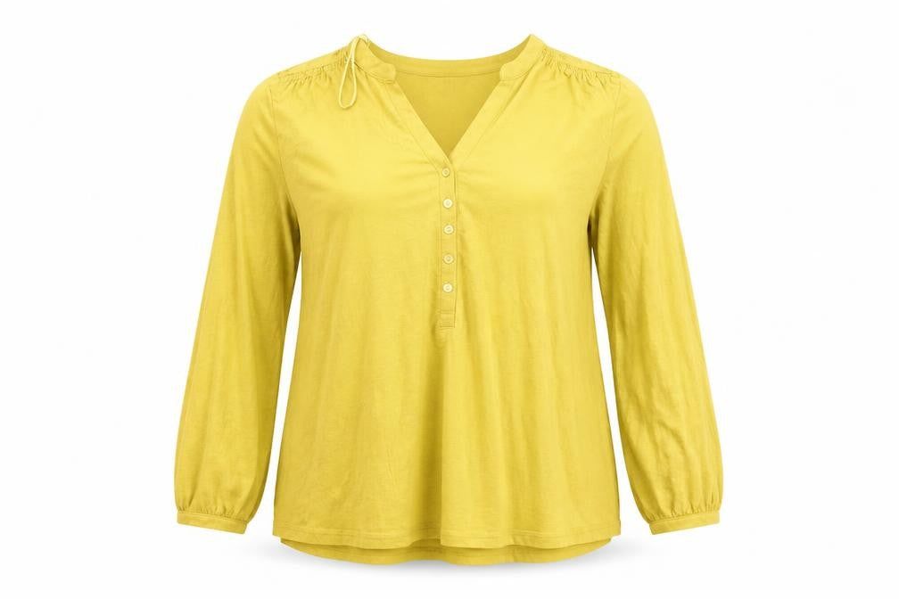 Front view of isle women’s yellow basic button-up, size UK 14