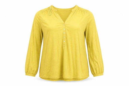 Front view of isle women’s yellow basic button-up, size UK 14
