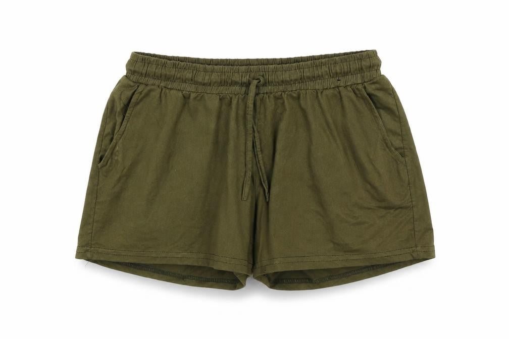 Front view of Atmosphere women’s green paperbag shorts, size UK 10