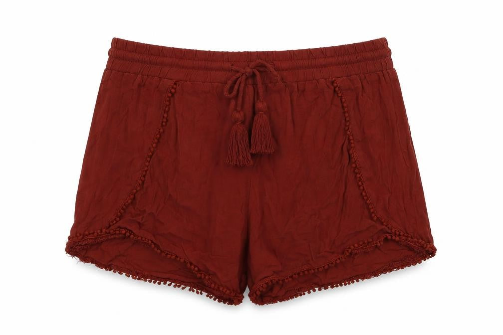 Front view of Atmosphere women’s red hot pants shorts, size UK 10