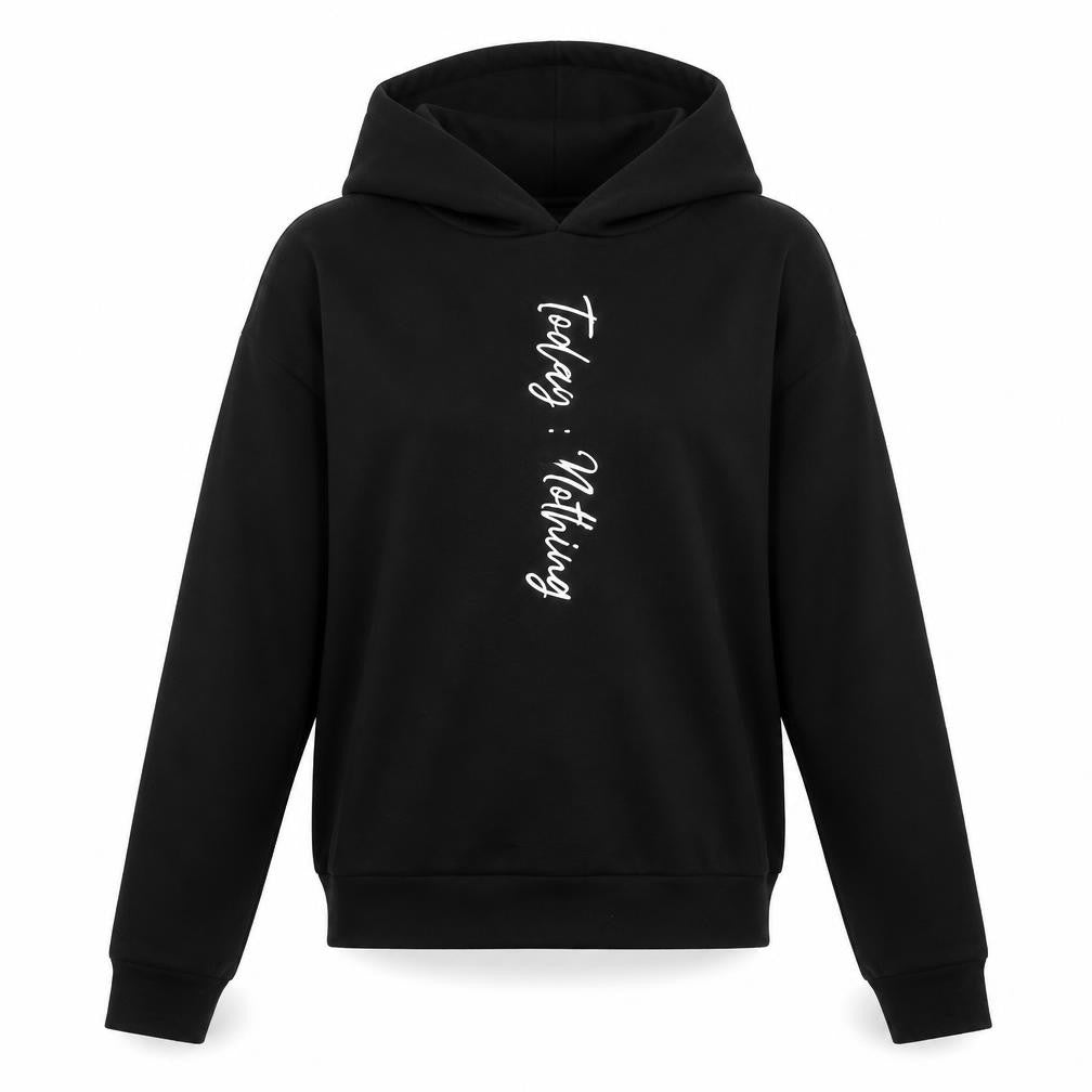 Front view of New Look girls’ black pullover hoodie, size M
