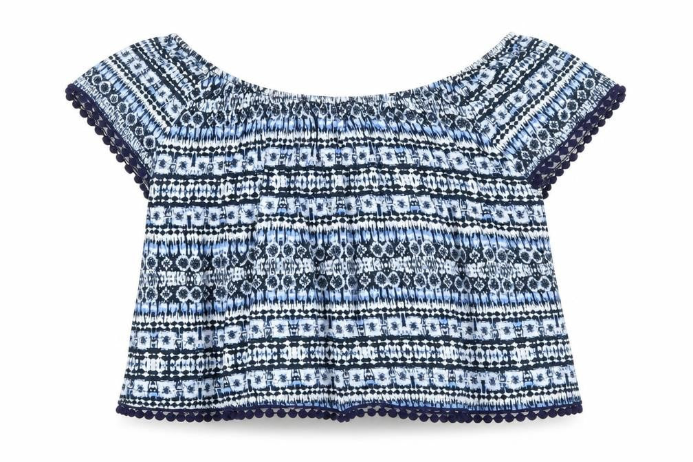 Front view of Atmosphere women’s blue geometric basic t-shirt, size UK 12