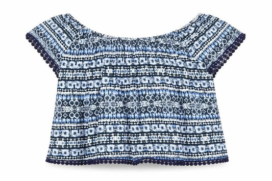 Front view of Atmosphere women’s blue geometric basic t-shirt, size UK 12